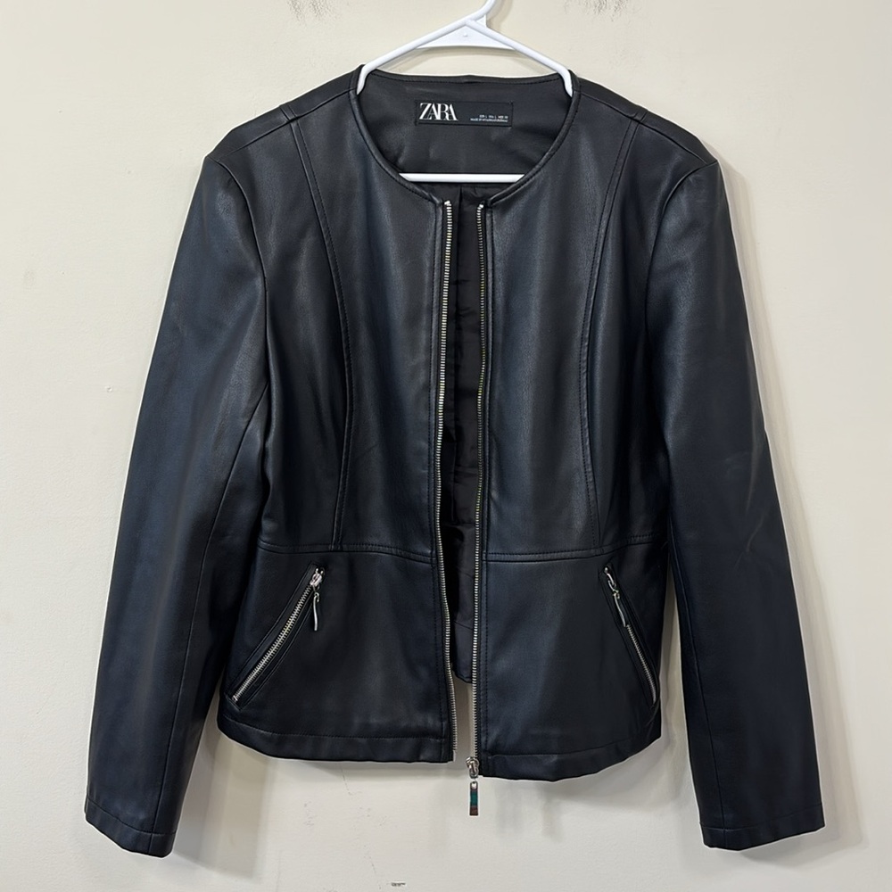 ZARA Faux Leather Zipper Bomber Jacket Size Large - Picture 5 of 9